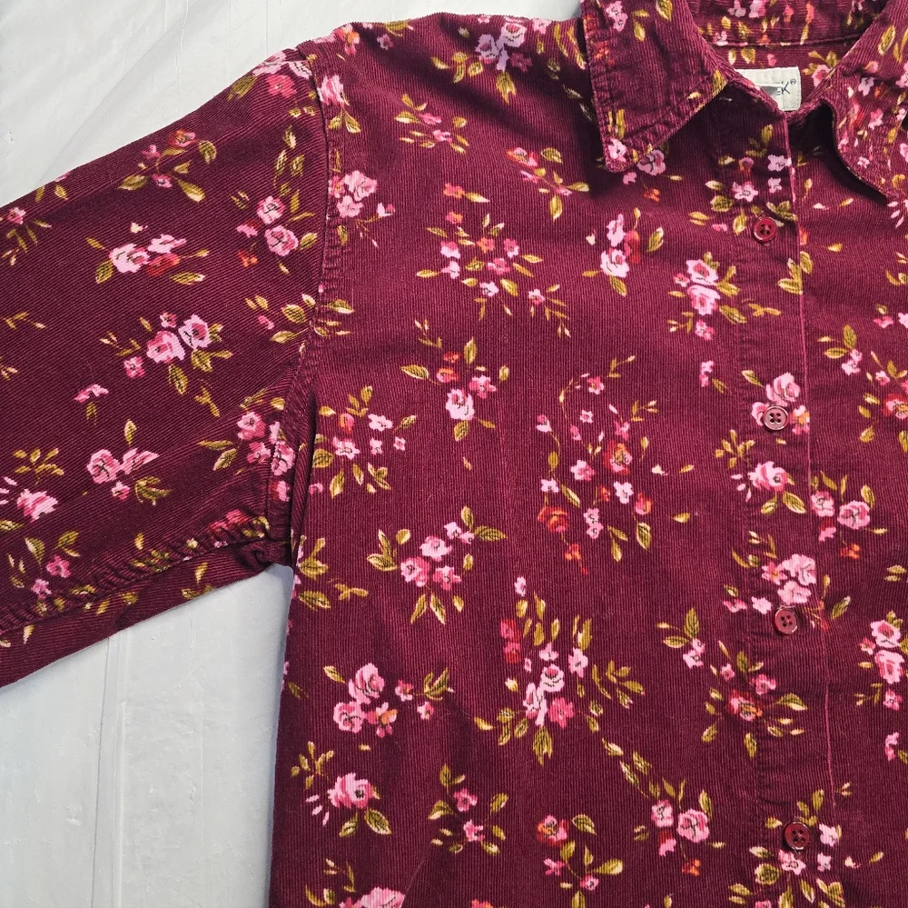 Cabin Creek Floral Corduroy Shirt Burgundy Cotton Button Up Cottagecore M - Picture 7 of 12